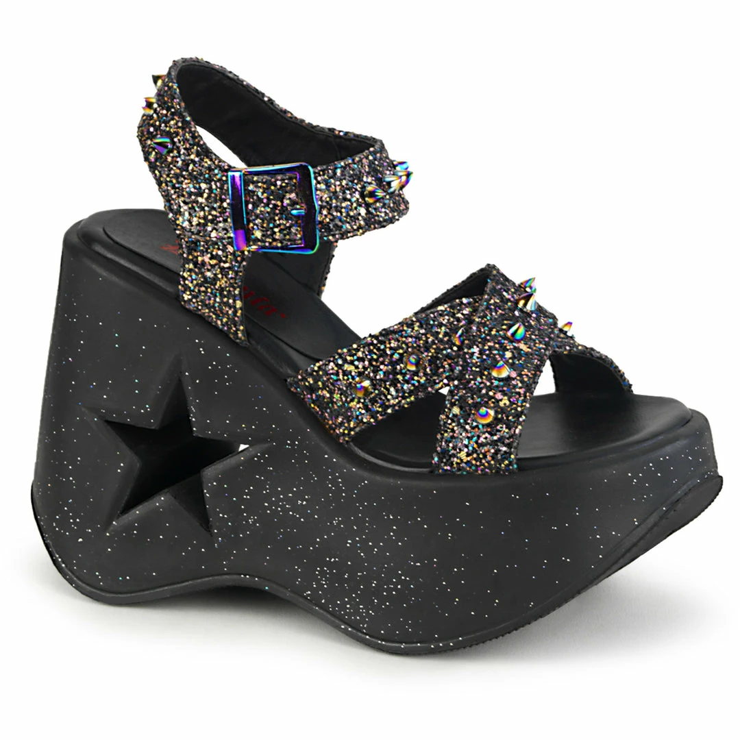 DEMONIA Dynamite-02 Black Multi Glitter Spike Goth Punk Star Cutout Wedge Sandal Heels