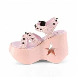 DEMONIA Dynamite-02 Pink Glitter Black Spike Goth Punk Star Cutout Wedge Sandals Heels