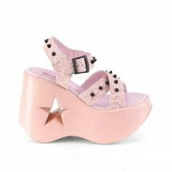 DEMONIA Dynamite-02 Pink Glitter Black Spike Goth Punk Star Cutout Wedge Sandals Heels