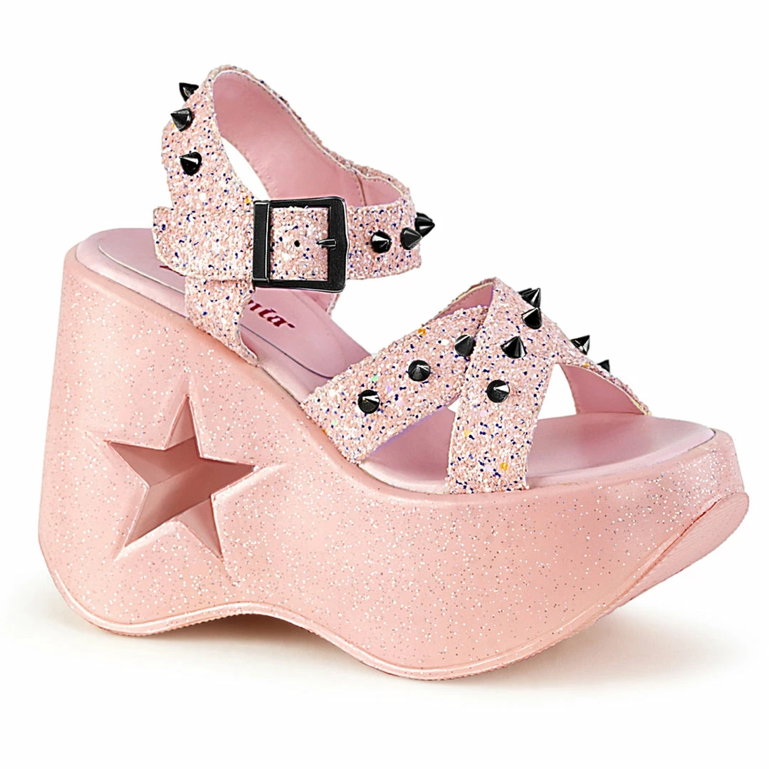 DEMONIA Dynamite-02 Pink Glitter Black Spike Goth Punk Star Cutout Wedge Sandals Heels