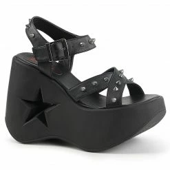 Heels DEMONIA Dynamite-02 Black Vegan Leather Spike Goth Punk Star Cutout Wedge Sandal