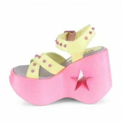 Heels DEMONIA Dynamite-02 Neon Yellow Pink Glitter Spike Goth Punk Star Cutout Wedges