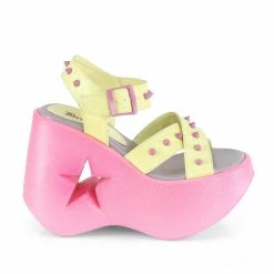 Heels DEMONIA Dynamite-02 Neon Yellow Pink Glitter Spike Goth Punk Star Cutout Wedges