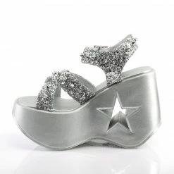 Heels DEMONIA Dynamite-02 Silver Glitter Spike Goth Punk Star Cutout Wedges