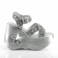 Heels DEMONIA Dynamite-02 Silver Glitter Spike Goth Punk Star Cutout Wedges