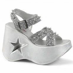 Heels DEMONIA Dynamite-02 Silver Glitter Spike Goth Punk Star Cutout Wedges