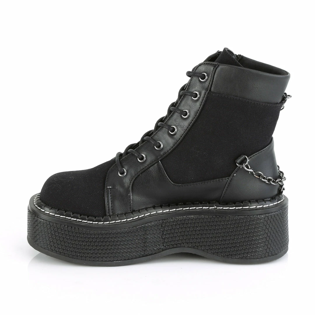 DEMONIA Emily-114 Black Canvas Vegan Leather Goth Chains Platform Ankle Boots