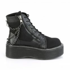 DEMONIA Emily-114 Black Canvas Vegan Leather Goth Chains Platform Ankle Boots