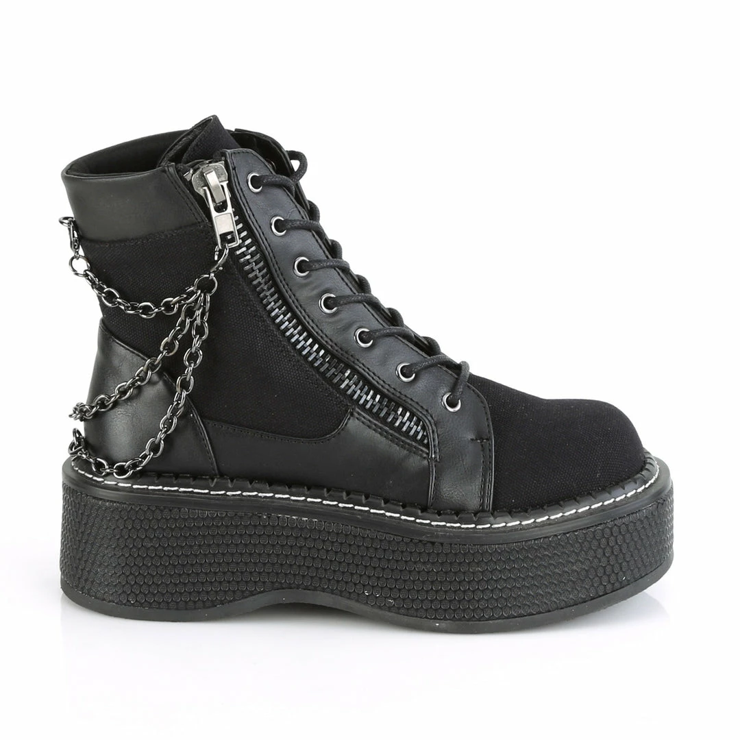 DEMONIA Emily-114 Black Canvas Vegan Leather Goth Chains Platform Ankle Boots