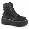 DEMONIA Emily-114 Black Canvas Vegan Leather Goth Chains Platform Ankle Boots