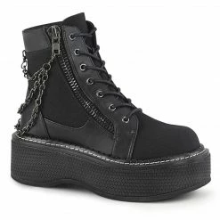 DEMONIA Emily-114 Black Canvas Vegan Leather Goth Chains Platform Ankle Boots