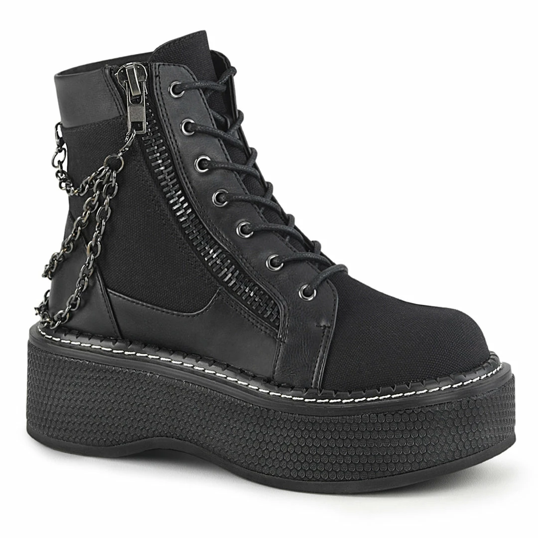 DEMONIA Emily-114 Black Canvas Vegan Leather Goth Chains Platform Ankle Boots