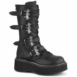 DEMONIA Emily-322 Black Vegan Leather Goth Bat Buckles 2" Platforms Calf Boots