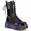 DEMONIA Emily-350 Rainbow Hologram Hearts Vegan Goth Ankle Calf Platforms Boots