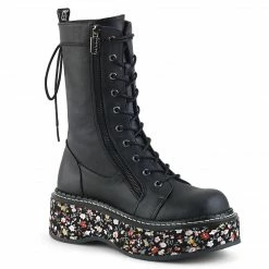 DEMONIA Emily-350 Razor Zip Floral Vegan Goth Ankle Calf Platforms Boots
