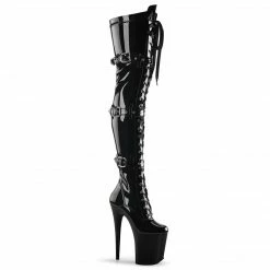 PLEASER Flamingo-3028 Black Patent Lace Up Buckles Dancer Stripper 8" Thigh Boots