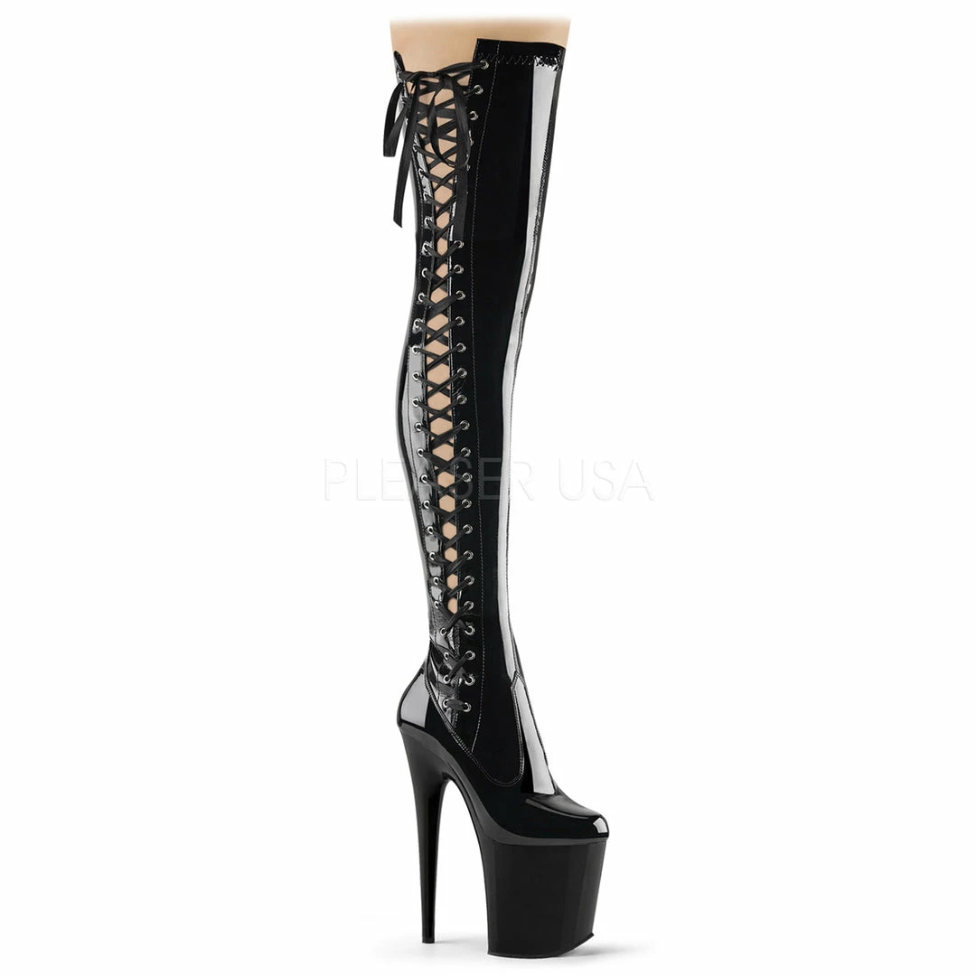 PLEASER Flamingo-3050 Black Lace Up Sides Dancer Stripper 8" Heels Thigh Boots