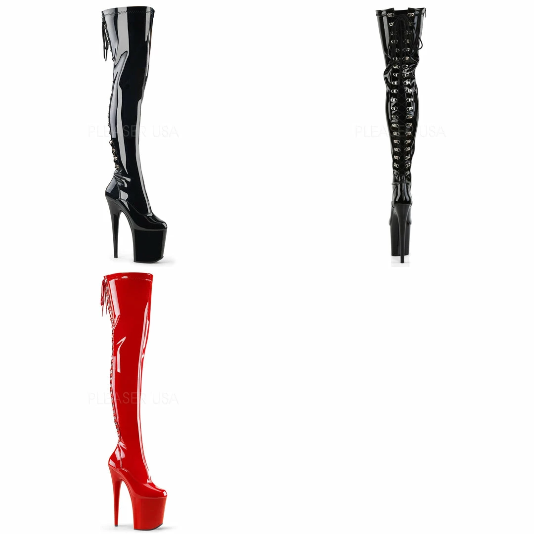 PLEASER Flamingo-3063 Black Red Lace Up Back Dancer Stripper 8" Heels Thigh Boots