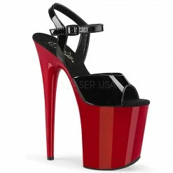 PLEASER Flamingo-809 Black Patent & Red Stripper Pole Dancer Club Ankle Strap 4" Platforms 8" Heels