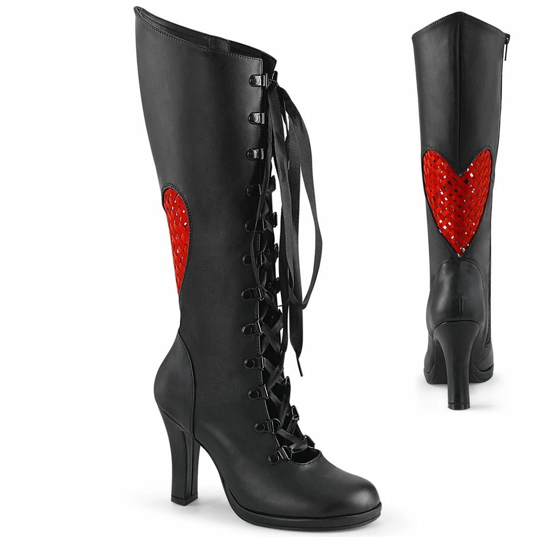 DEMONIA Glam-243 Black Red Satin Heart Lattice Cute Goth 3.75" Heel Knee Boots