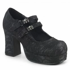 DEMONIA Gothika-09 Black Satin Lace Skull Goth Platforms Mary Janes 3.75" Heels