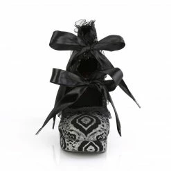 DEMONIA Gothika-53 Black Silver Lace Ribbon Heart Cutout Goth Block Chunky Heels