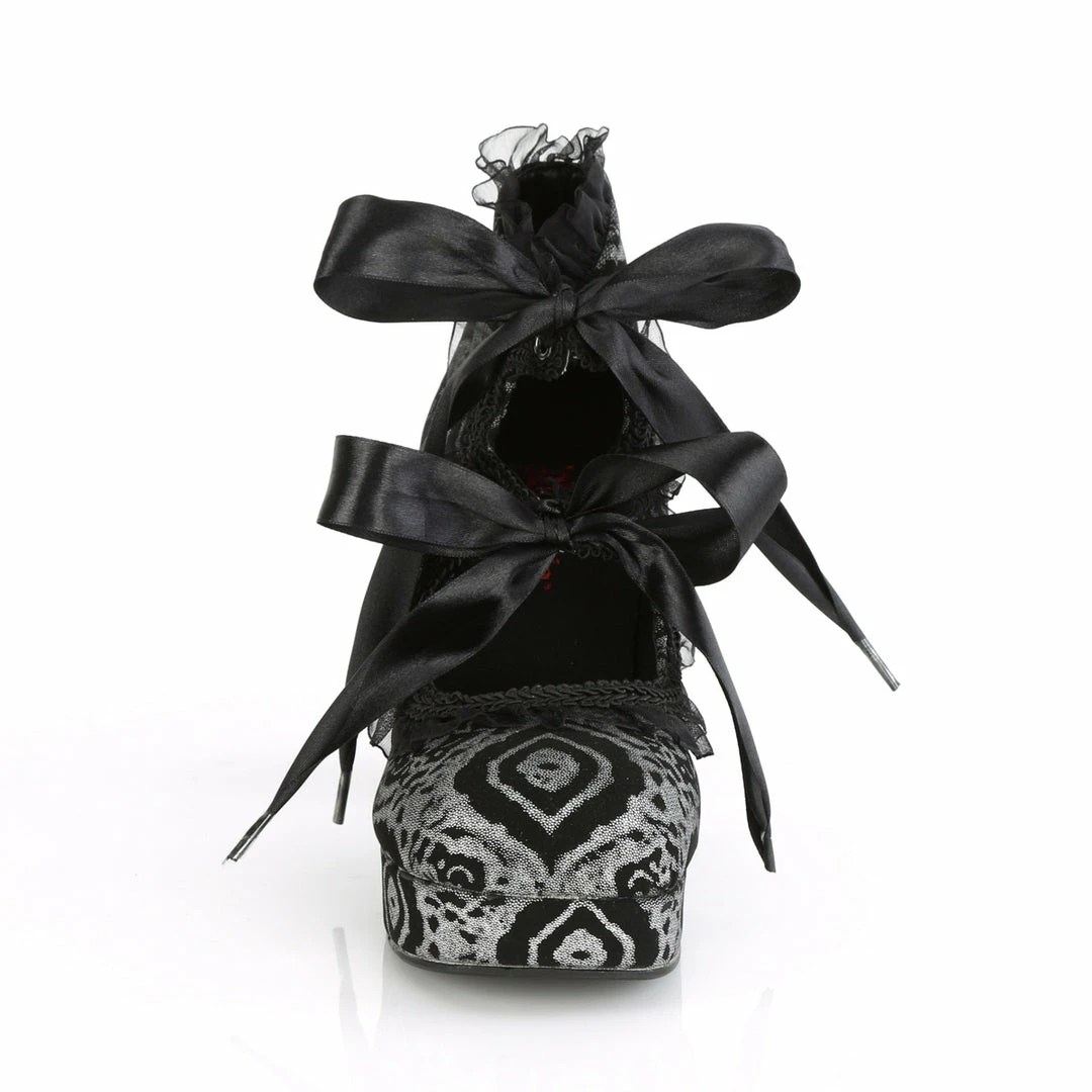 DEMONIA Gothika-53 Black Silver Lace Ribbon Heart Cutout Goth Block Chunky Heels