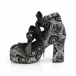 DEMONIA Gothika-53 Black Silver Lace Ribbon Heart Cutout Goth Block Chunky Heels
