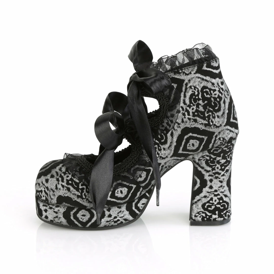 DEMONIA Gothika-53 Black Silver Lace Ribbon Heart Cutout Goth Block Chunky Heels
