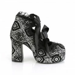 DEMONIA Gothika-53 Black Silver Lace Ribbon Heart Cutout Goth Block Chunky Heels