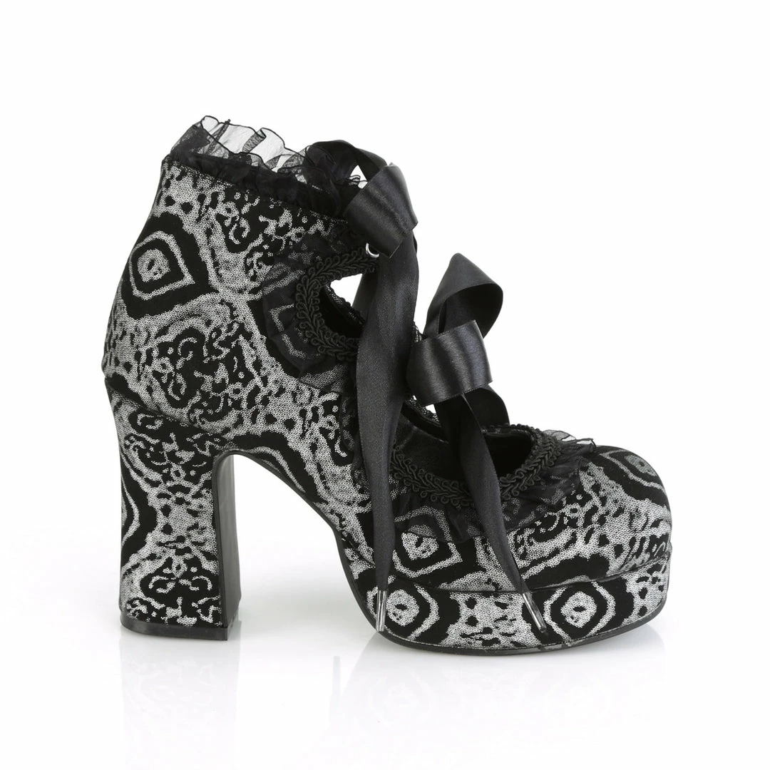 DEMONIA Gothika-53 Black Silver Lace Ribbon Heart Cutout Goth Block Chunky Heels