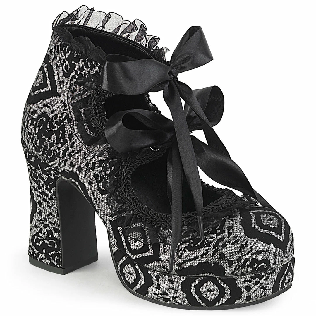 DEMONIA Gothika-53 Black Silver Lace Ribbon Heart Cutout Goth Block Chunky Heels