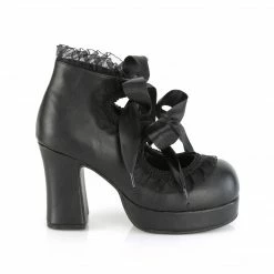 DEMONIA Gothika-53 Black Lace Ribbon Heart Cutout Goth Block Chunky Heels