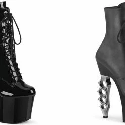 PLEASER Irongrip-1020 Black Chrome Knuckle Ankle Calf Platforms 7" Heels Boots