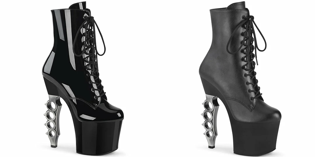 PLEASER Irongrip-1020 Black Chrome Knuckle Ankle Calf Platforms 7" Heels Boots
