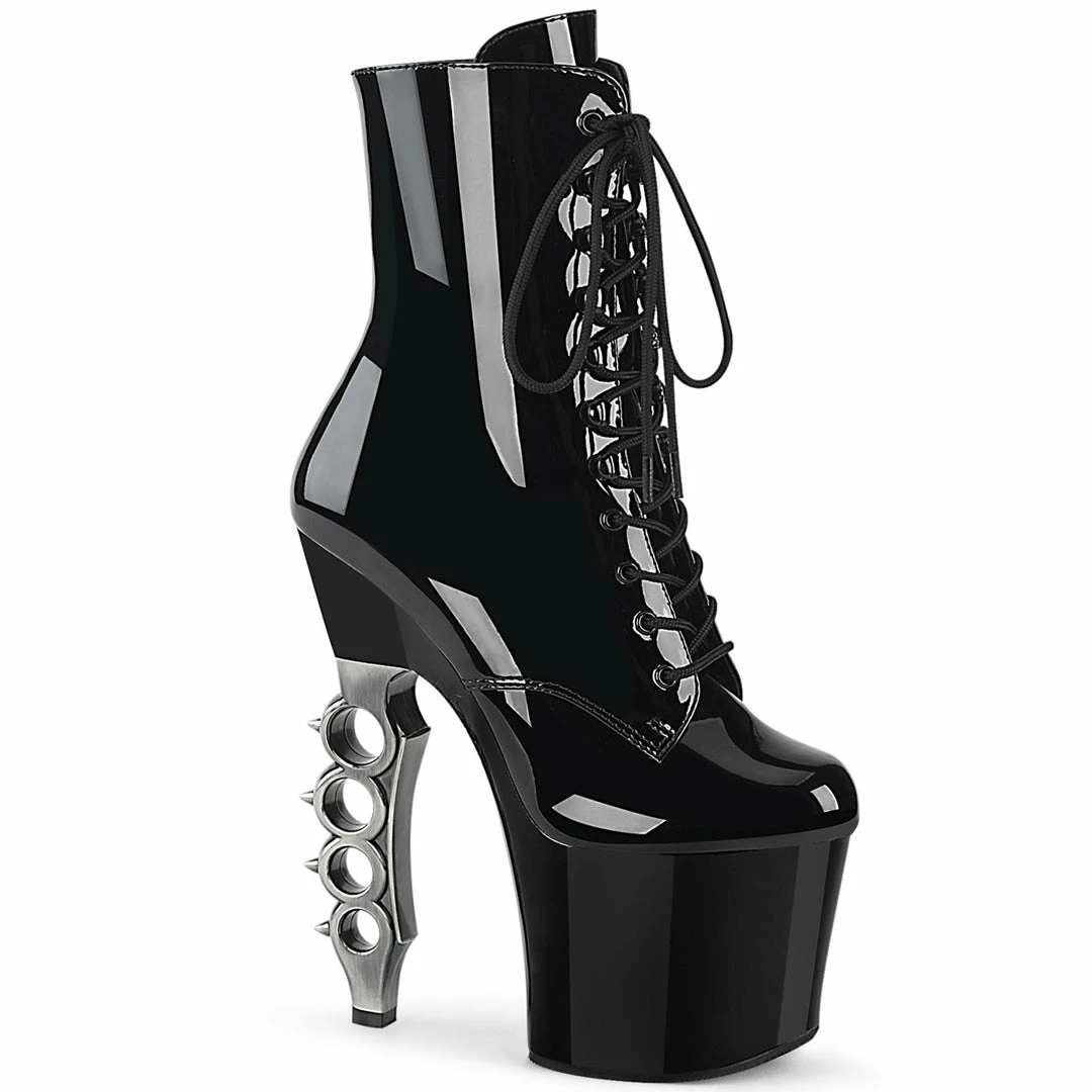 PLEASER Irongrip-1020 Black Chrome Knuckle Ankle Calf Platforms 7" Heels Boots