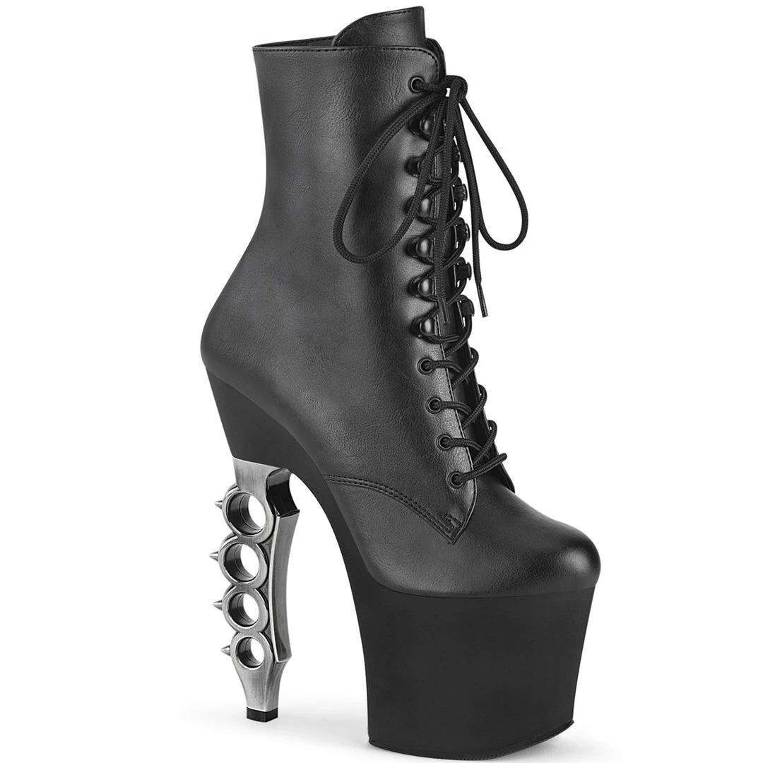 PLEASER Irongrip-1020 Black Chrome Knuckle Ankle Calf Platforms 7" Heels Boots