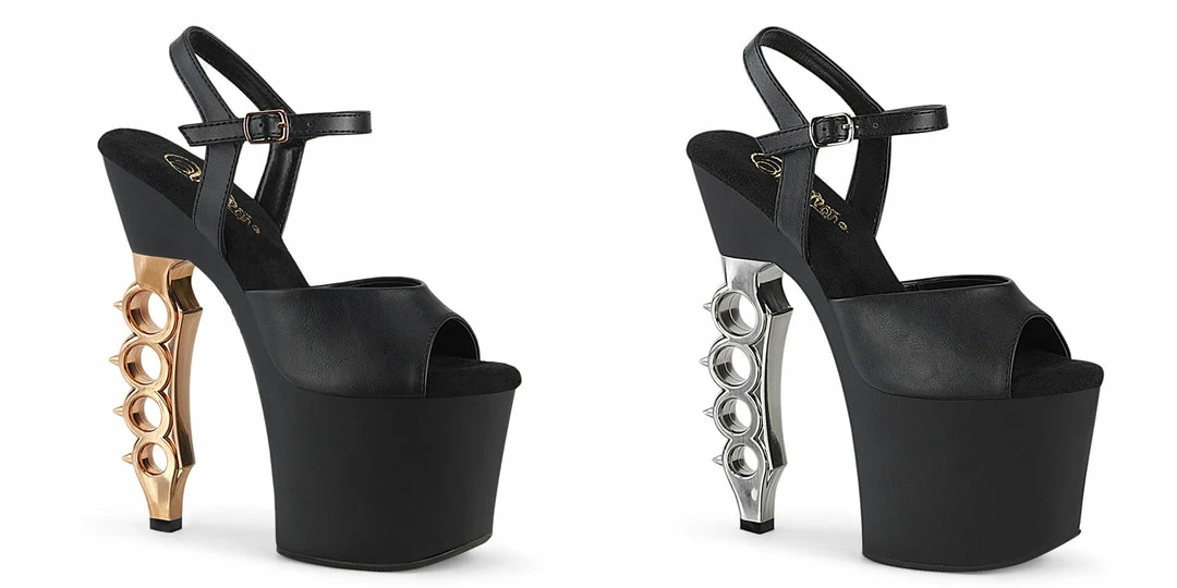 PLEASER Irongrip-709 Black Copper Silver Chrome Knuckle Ankle Platform 7" Heels