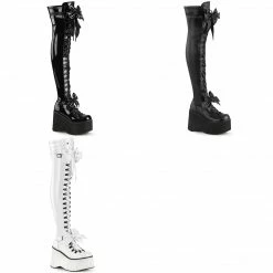 DEMONIA Kera-303 Black White Removeable Oversized Bows Goth Platforms Thigh Boot
