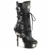 DEMONIA Muerto-1026 Black Pewter Chrome Goth Skull Buckles Calf Boots Bone Heels