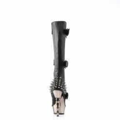 DEMONIA Muerto-2028 Black Pewter Chrome Goth Skull Buckles Knee Boots Bone Heels