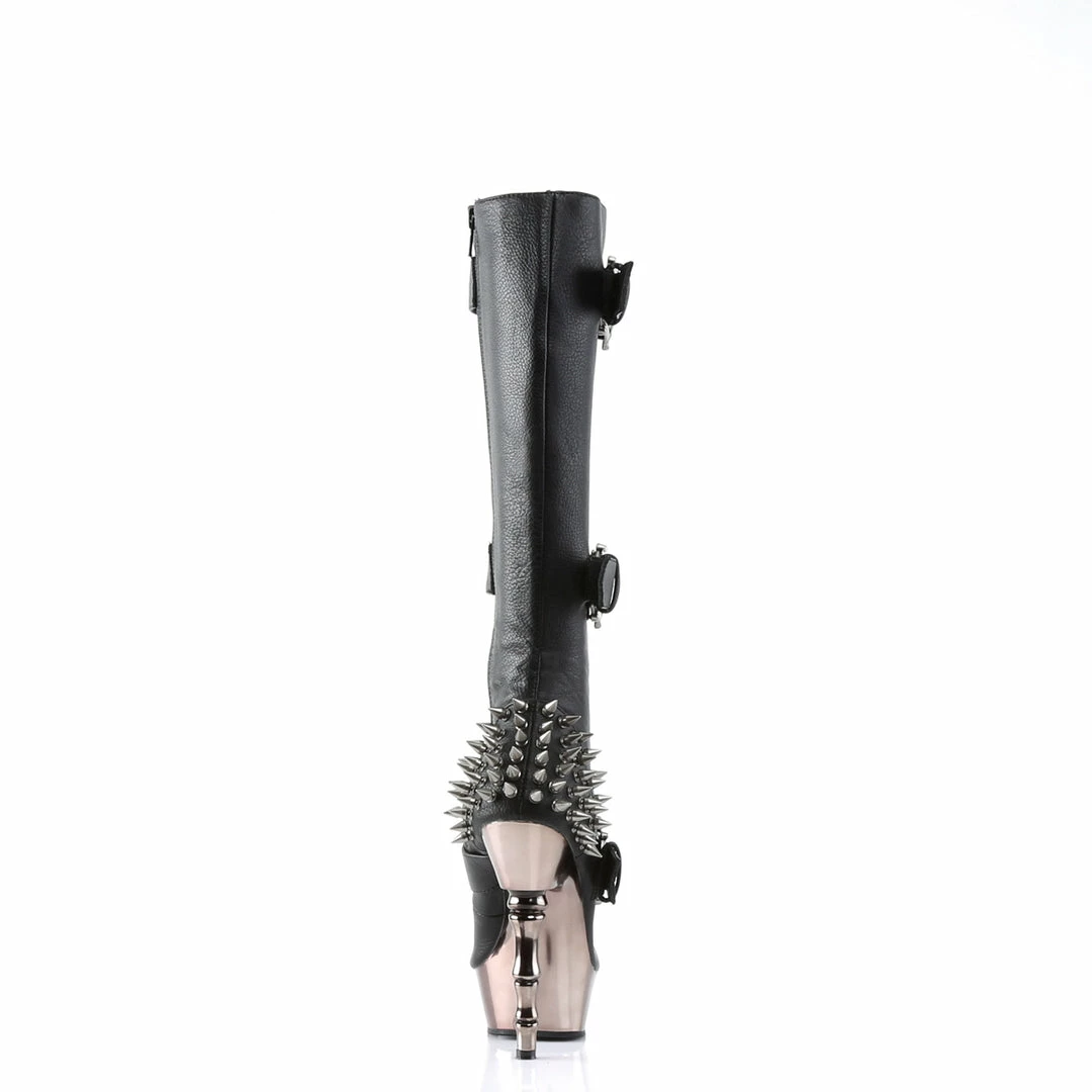 DEMONIA Muerto-2028 Black Pewter Chrome Goth Skull Buckles Knee Boots Bone Heels
