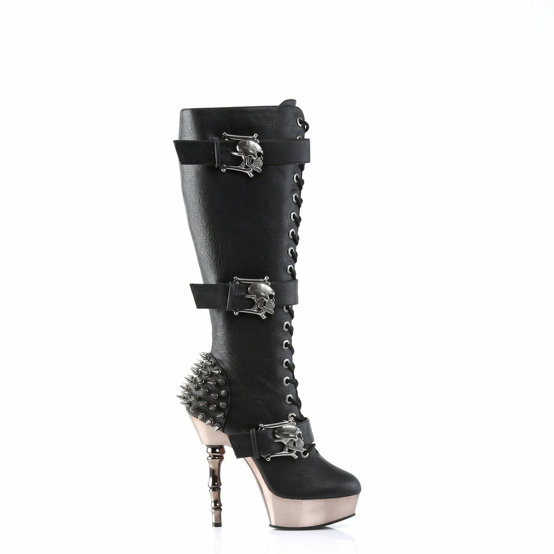 DEMONIA Muerto-2028 Black Pewter Chrome Goth Skull Buckles Knee Boots Bone Heels