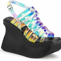 DEMONIA PACE-33 Black Magic Mirror Goth Strappy Wedge Platform Sandals Heels