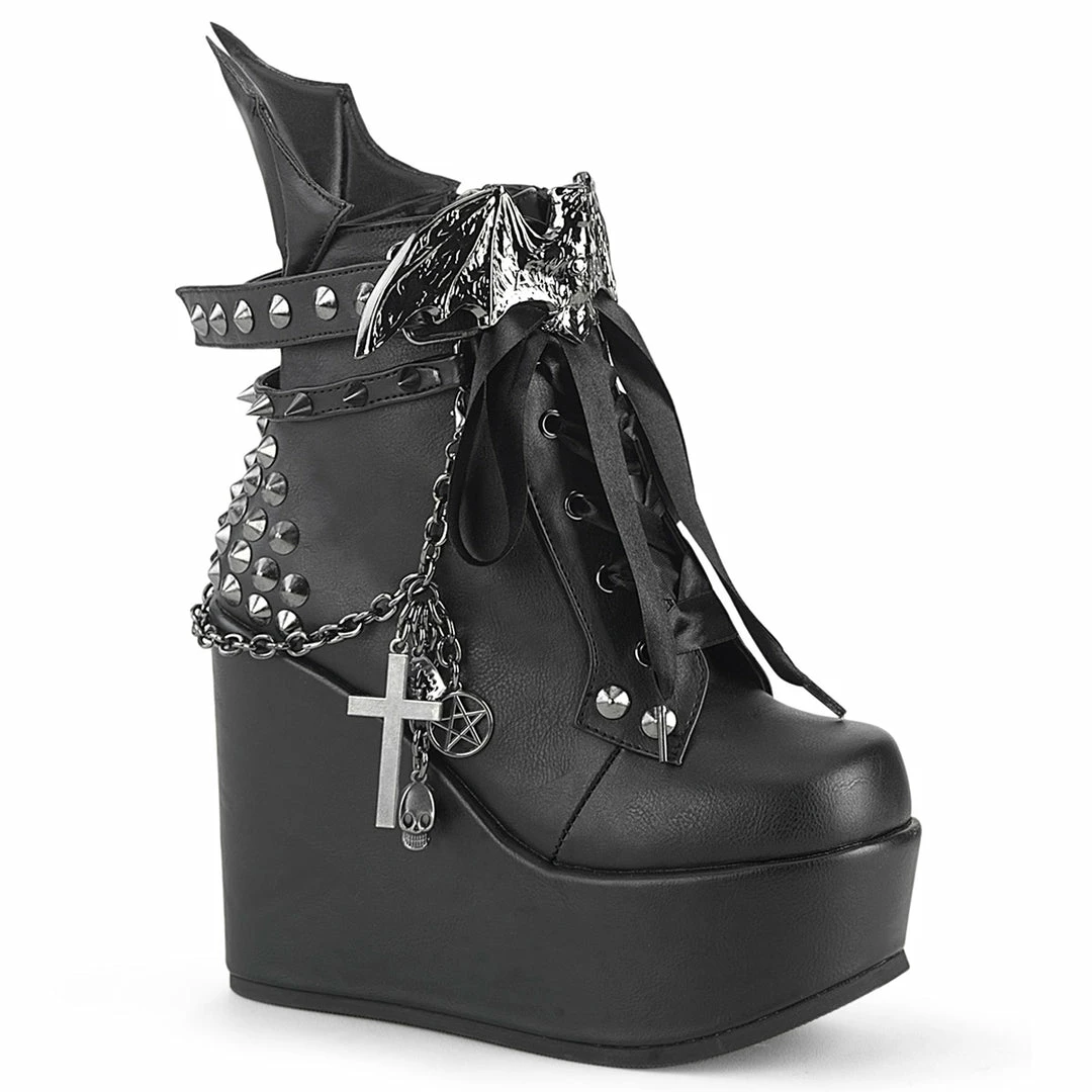 DEMONIA Poison-107 Black Stud Spike Batwing Cross Pentagram Skull Platform Boots Shoes