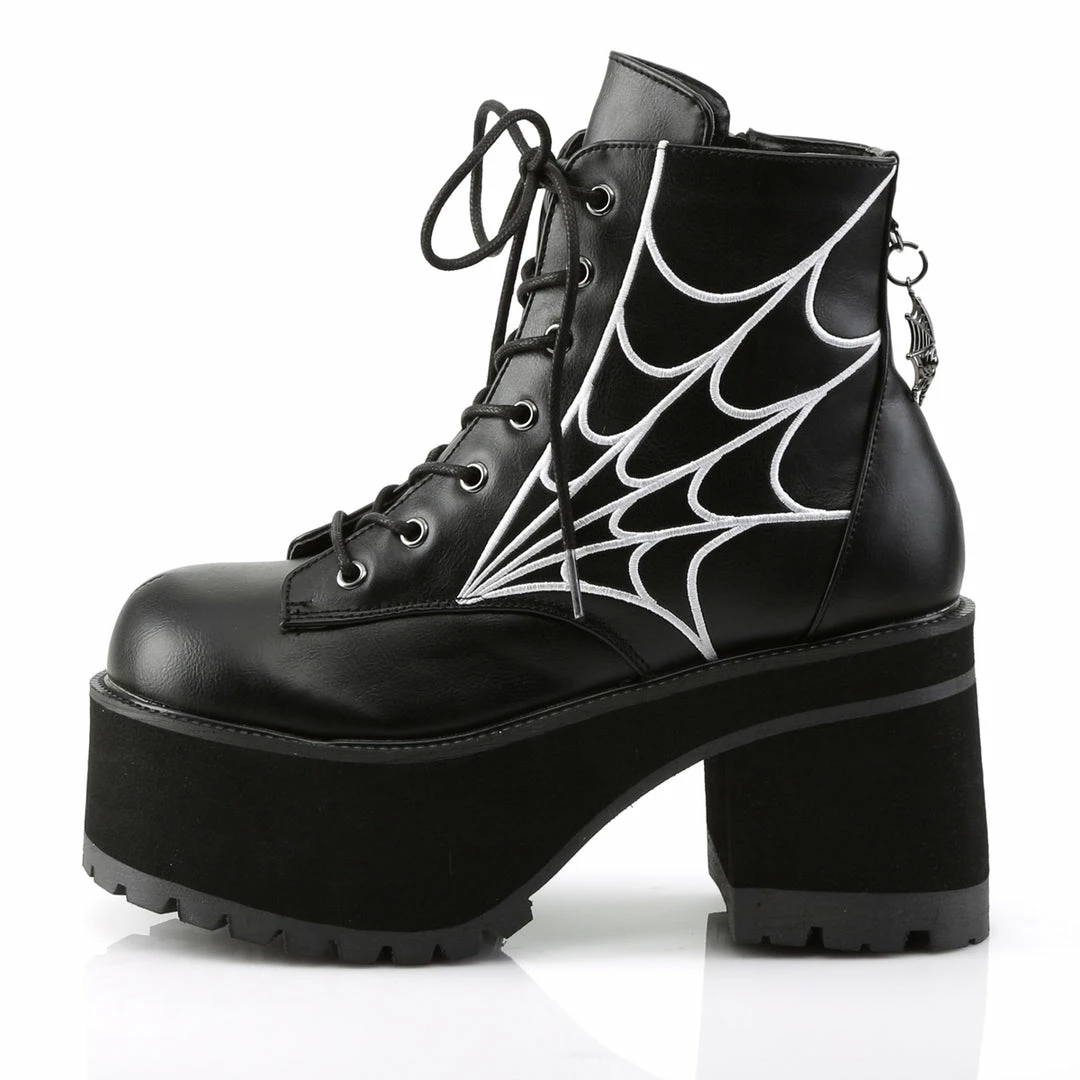 DEMONIA Ranger-105 Embroidered Spider Web Charm Goth Anke Calf Platforms Boots