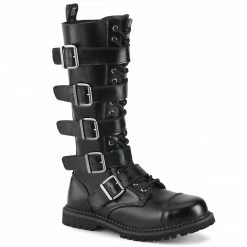 DEMONIA Riot-18BK Black Real Leather Mens Unisex Goth Rocker Biker Combat Boots
