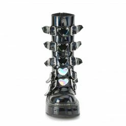 DEMONIA EMILY-330 Black Hologram White Vegan Leather Goth Heart Platform Boots