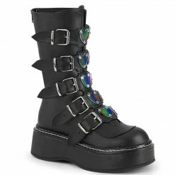 DEMONIA EMILY-330 Black Hologram White Vegan Leather Goth Heart Platform Boots