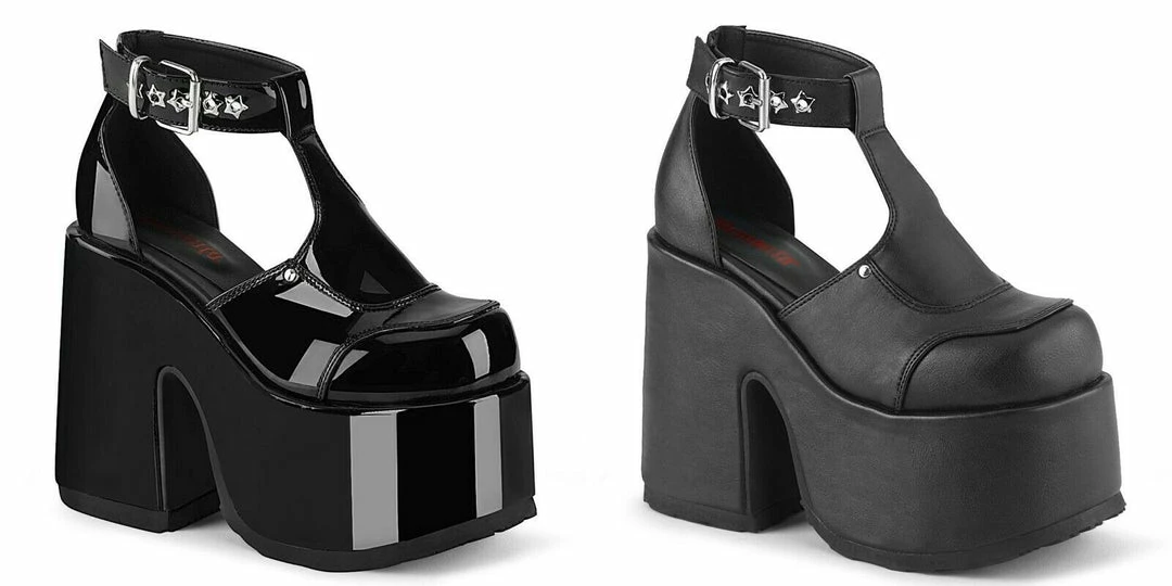 DEMONIA CAMEL-103 Black Goth Punk Metal Silver Star Eyelets Chunky Heel Shoes